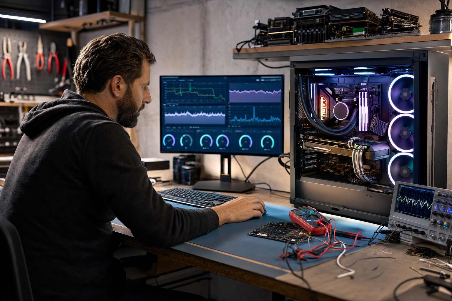 Technicien effectuant un stress test de performance