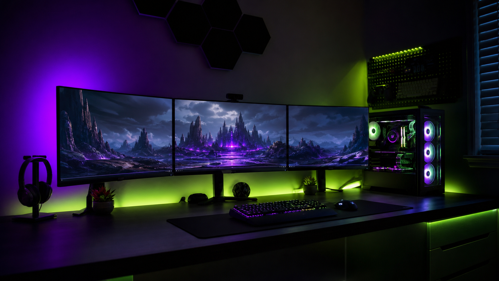 Setup gaming triple écran avec éclairage RGB